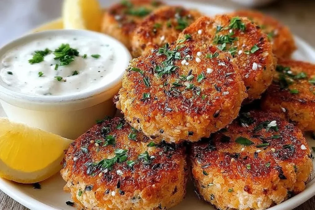 Mediterranean Lemon Chickpea Patties served crispy with creamy yogurt sauce, garnished with fresh herbs and lemon wedges