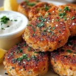 Mediterranean Lemon Chickpea Patties served crispy with creamy yogurt sauce, garnished with fresh herbs and lemon wedges