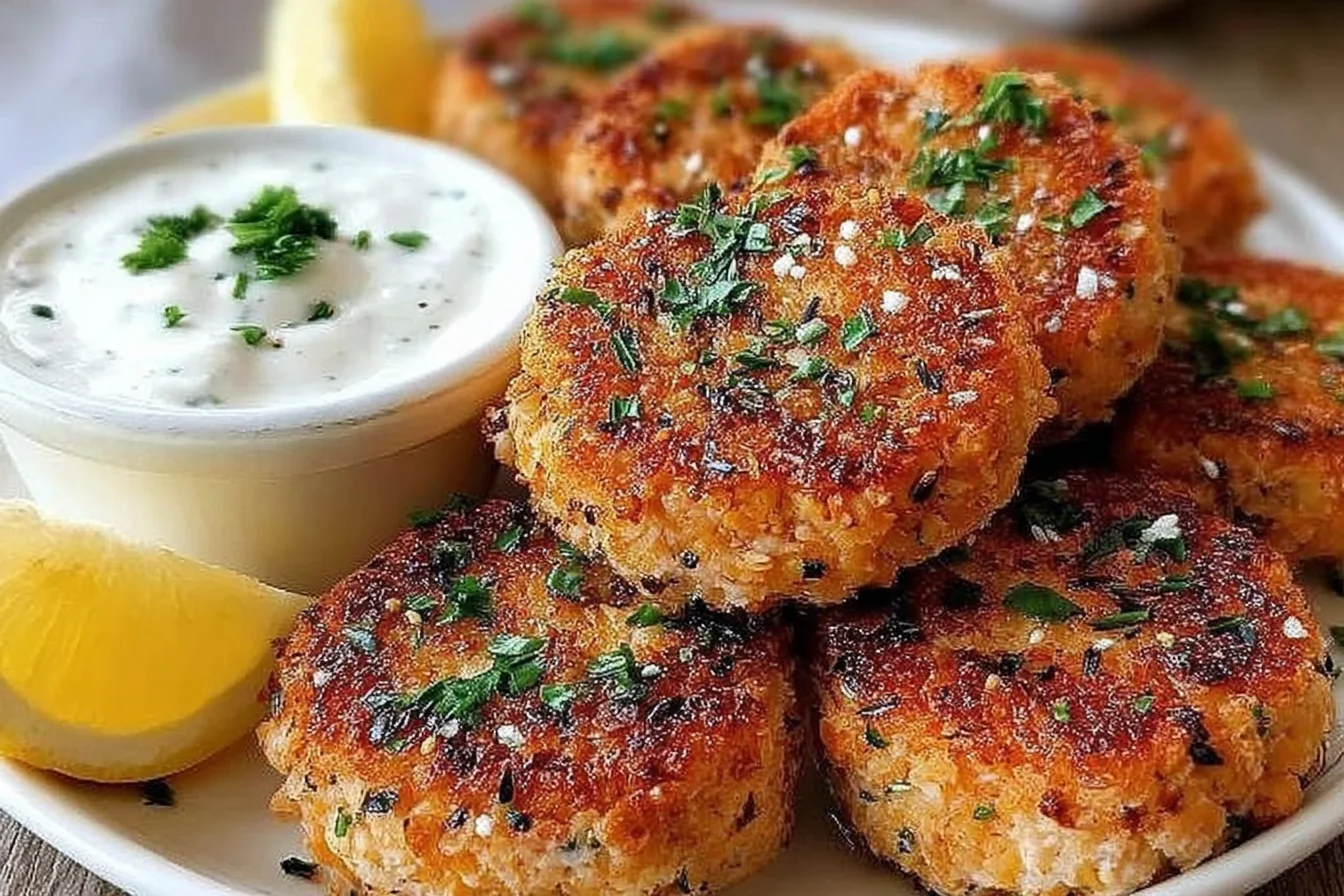 Mediterranean Lemon Chickpea Patties served crispy with creamy yogurt sauce, garnished with fresh herbs and lemon wedges