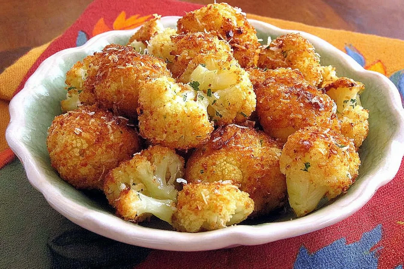 Crispy Parmesan Cauliflower Bites roasted to golden perfection with cheesy coating and seasoned edges