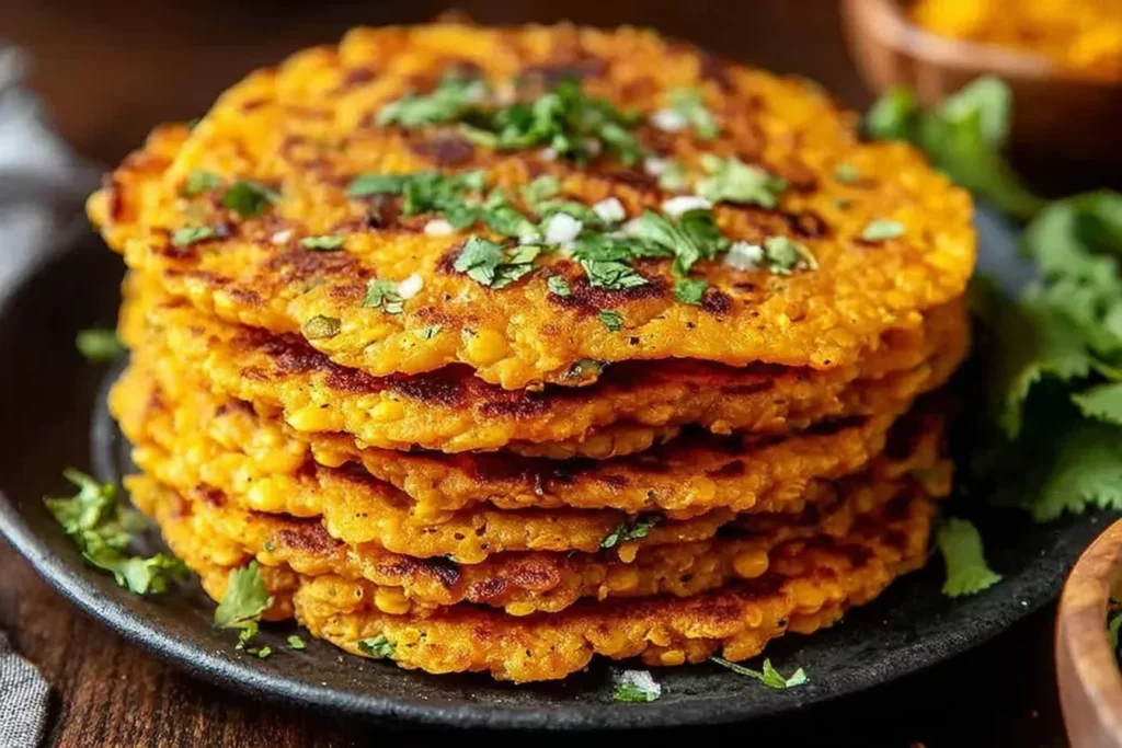Savory Red Lentil Pancakes stacked with crispy edges and fresh herbs on top, served warm on a plate