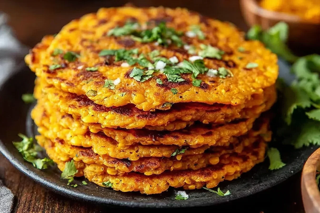 Savory Red Lentil Pancakes stacked with crispy edges and fresh herbs on top, served warm on a plate