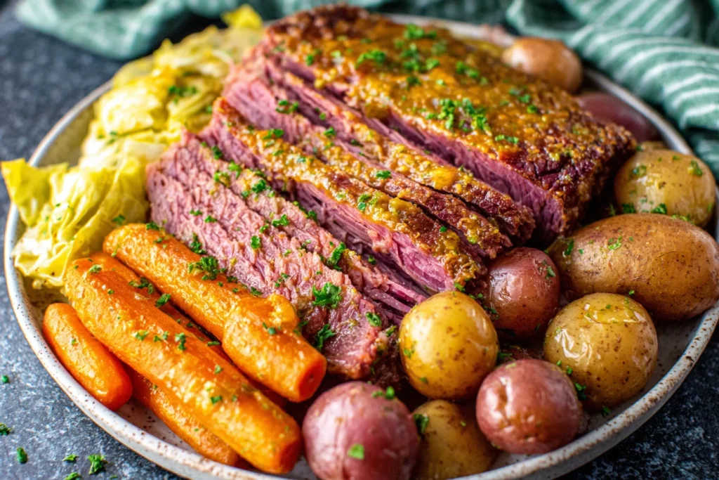 Juicy Crockpot Corned Beef and Cabbage Recipe with glazed carrots and baby potatoes