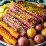 Juicy Crockpot Corned Beef and Cabbage Recipe with glazed carrots and baby potatoes