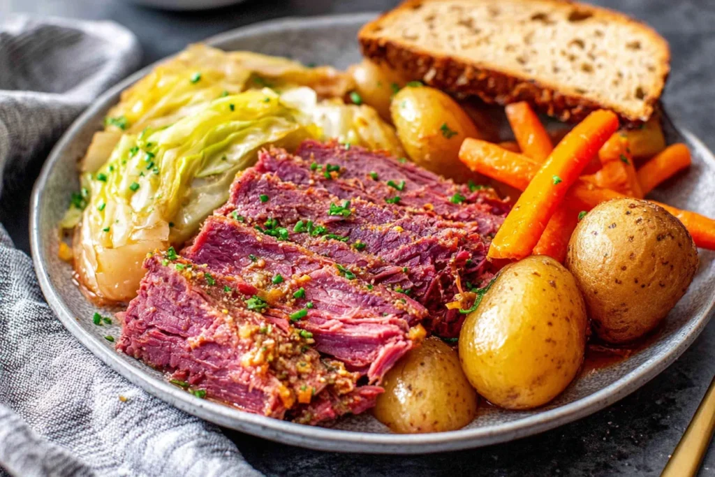 Crockpot Corned Beef and Cabbage Recipe served with tender cabbage, carrots, and potatoes on a plate