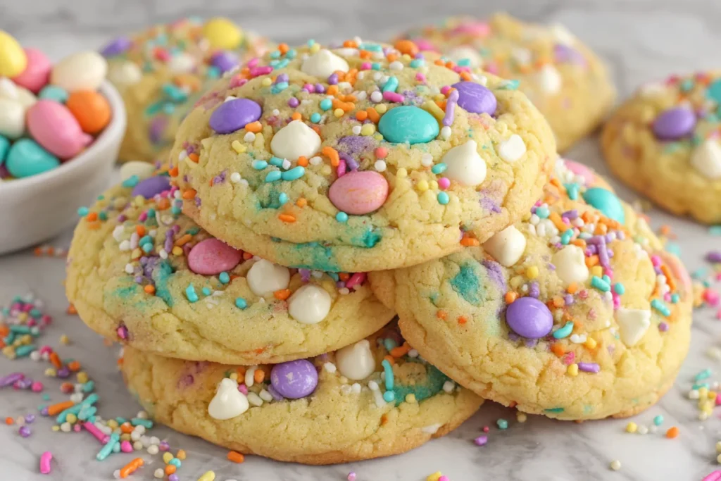 Freshly baked Easter Cookies with pastel sprinkles, M&M's, and white chocolate chips on display