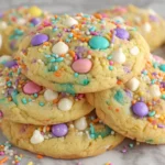 Freshly baked Easter Cookies with pastel sprinkles, M&M's, and white chocolate chips on display