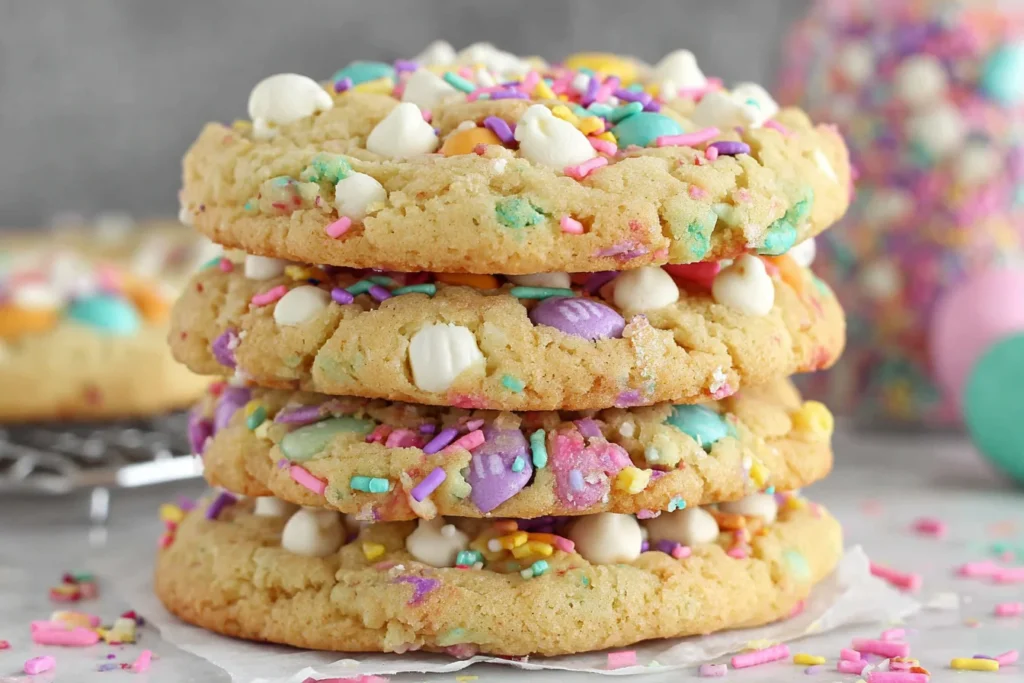 Soft and chewy Easter Cookies stacked with pastel M&M's, white chocolate chips, and colorful sprinkles