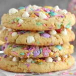 Soft and chewy Easter Cookies stacked with pastel M&M's, white chocolate chips, and colorful sprinkles