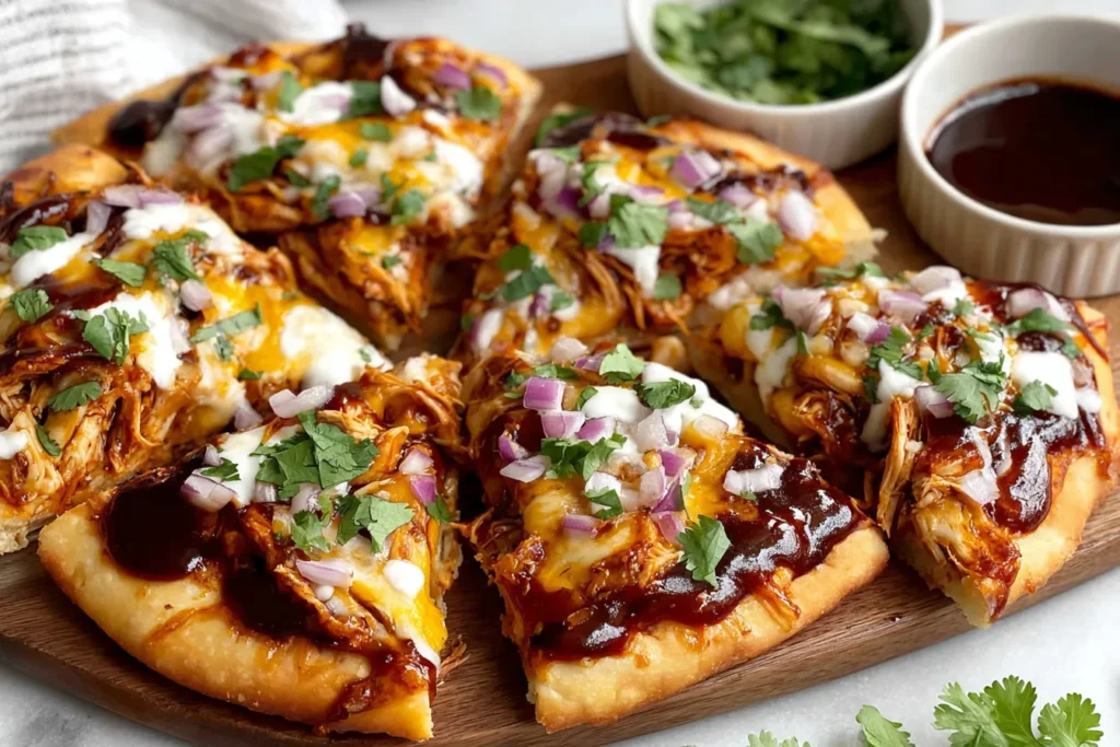 Easy BBQ Chicken Flatbread Recipe topped with shredded chicken, BBQ sauce drizzle, cilantro, and diced red onion