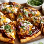 Easy BBQ Chicken Flatbread Recipe topped with shredded chicken, BBQ sauce drizzle, cilantro, and diced red onion
