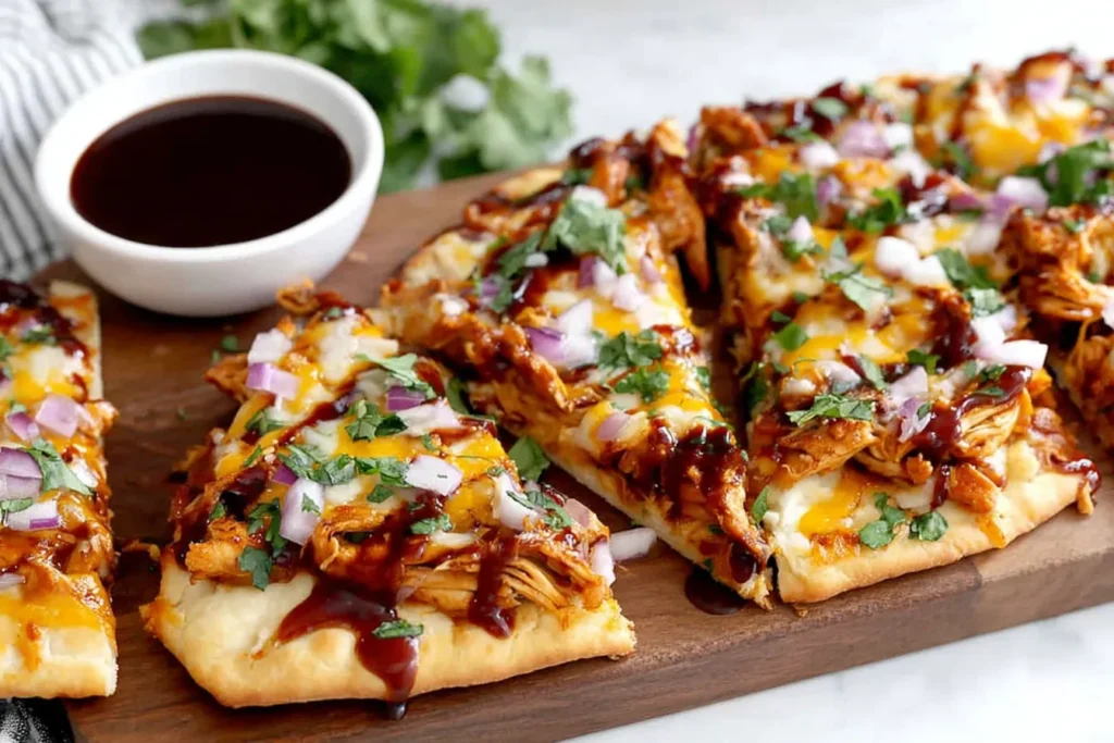 Easy BBQ Chicken Flatbread Recipe sliced on a wooden board with melted cheese, BBQ sauce drizzle, red onions, and fresh cilantro