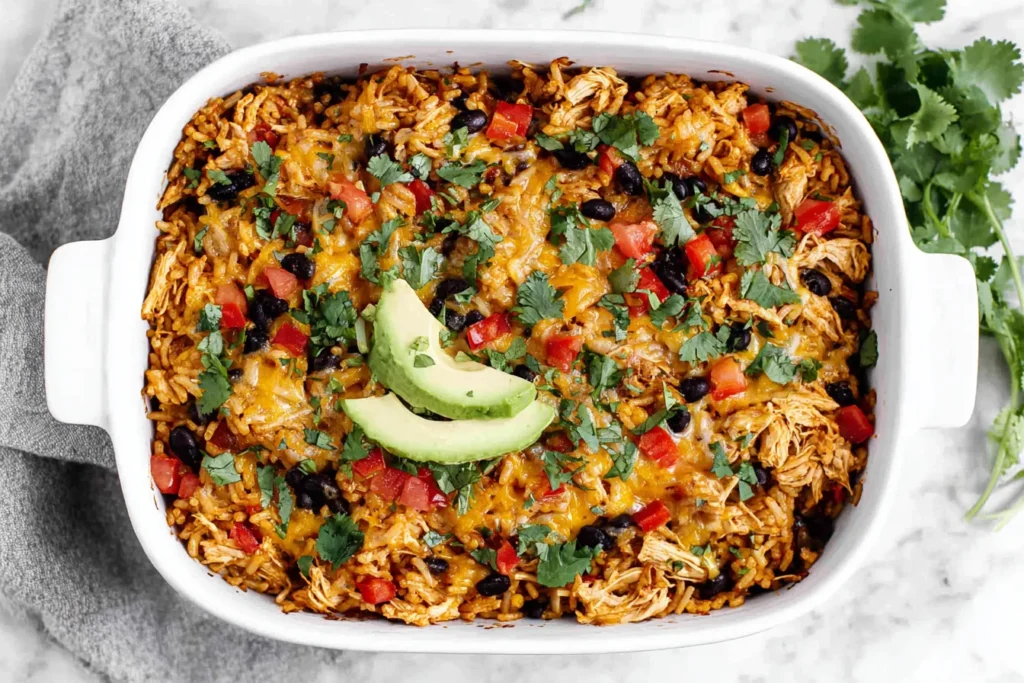 Easy Chicken Burrito Casserole served in a white baking dish topped with avocado slices, cilantro, rice, chicken and melted cheese