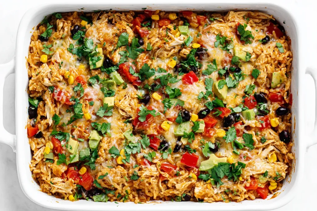 Easy Chicken Burrito Casserole with melted cheese, shredded chicken, rice, corn and black beans baked in a white casserole dish