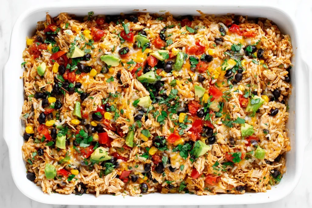 Easy Chicken Burrito Casserole baked in a white casserole dish with shredded chicken, rice, black beans, corn, melted cheese and avocado topping