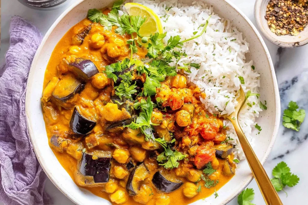 Eggplant Curry with roasted eggplant, chickpeas, and coconut milk served with basmati rice and fresh cilantro garnish