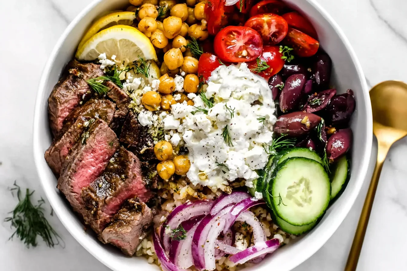 Easy Mediterranean Steak Bowl Recipe with grilled steak, chickpeas, feta, and fresh vegetables