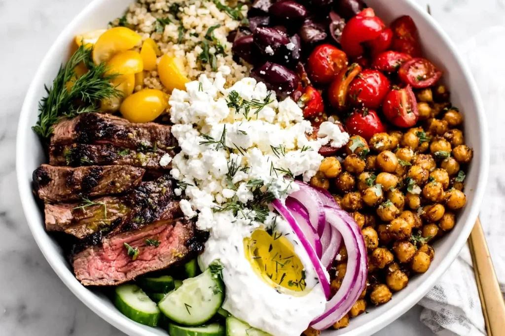 Easy Mediterranean Steak Bowl Recipe with couscous, roasted chickpeas, steak, and creamy tzatziki
