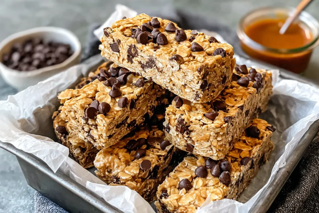 Easy No Bake Granola Bars on tray with chocolate chips and honey