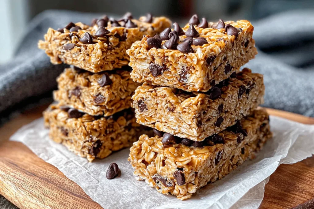 Easy No Bake Granola Bars stacked with chocolate chips and oats
