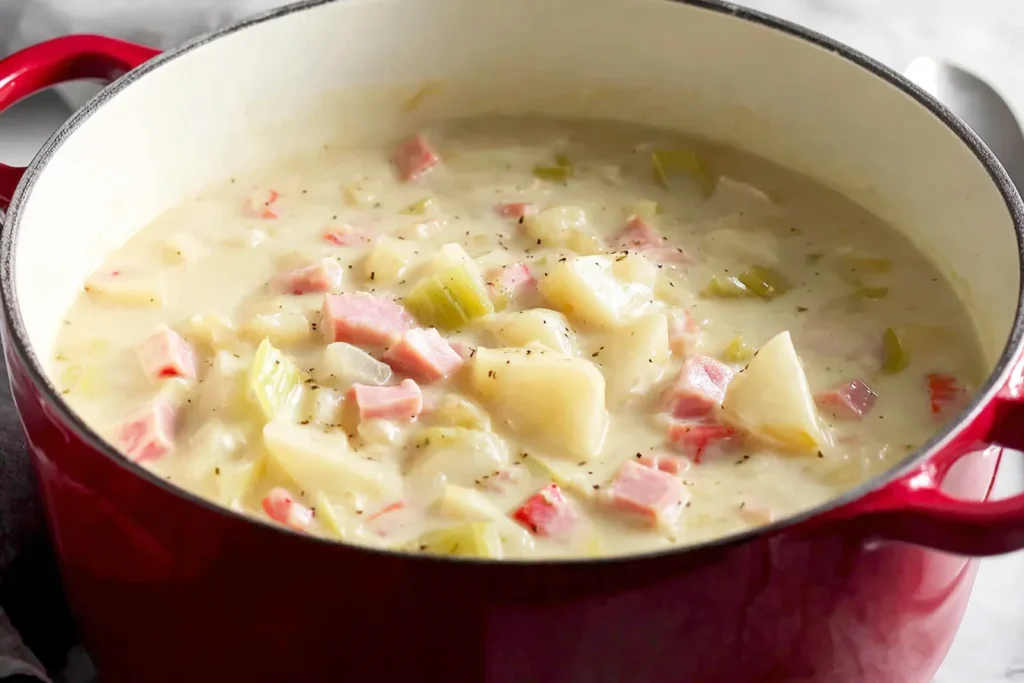 Easy and Comforting Ham and Potato Soup with creamy broth, potatoes, and ham in a red pot