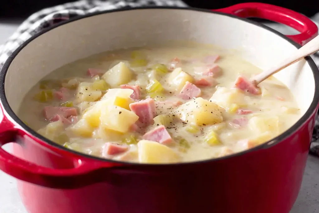Easy and Comforting Ham and Potato Soup simmering in a red Dutch oven with diced ham and tender potatoes