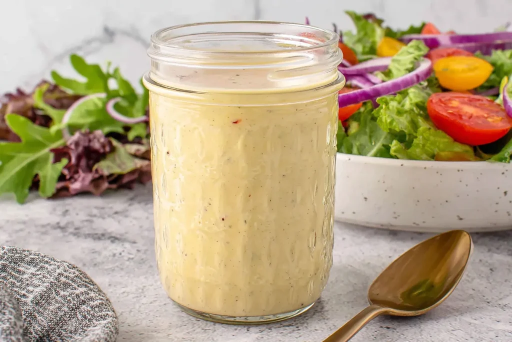 Close-up jar of Everyday Creamy Vinaigrette with mixed salad in background