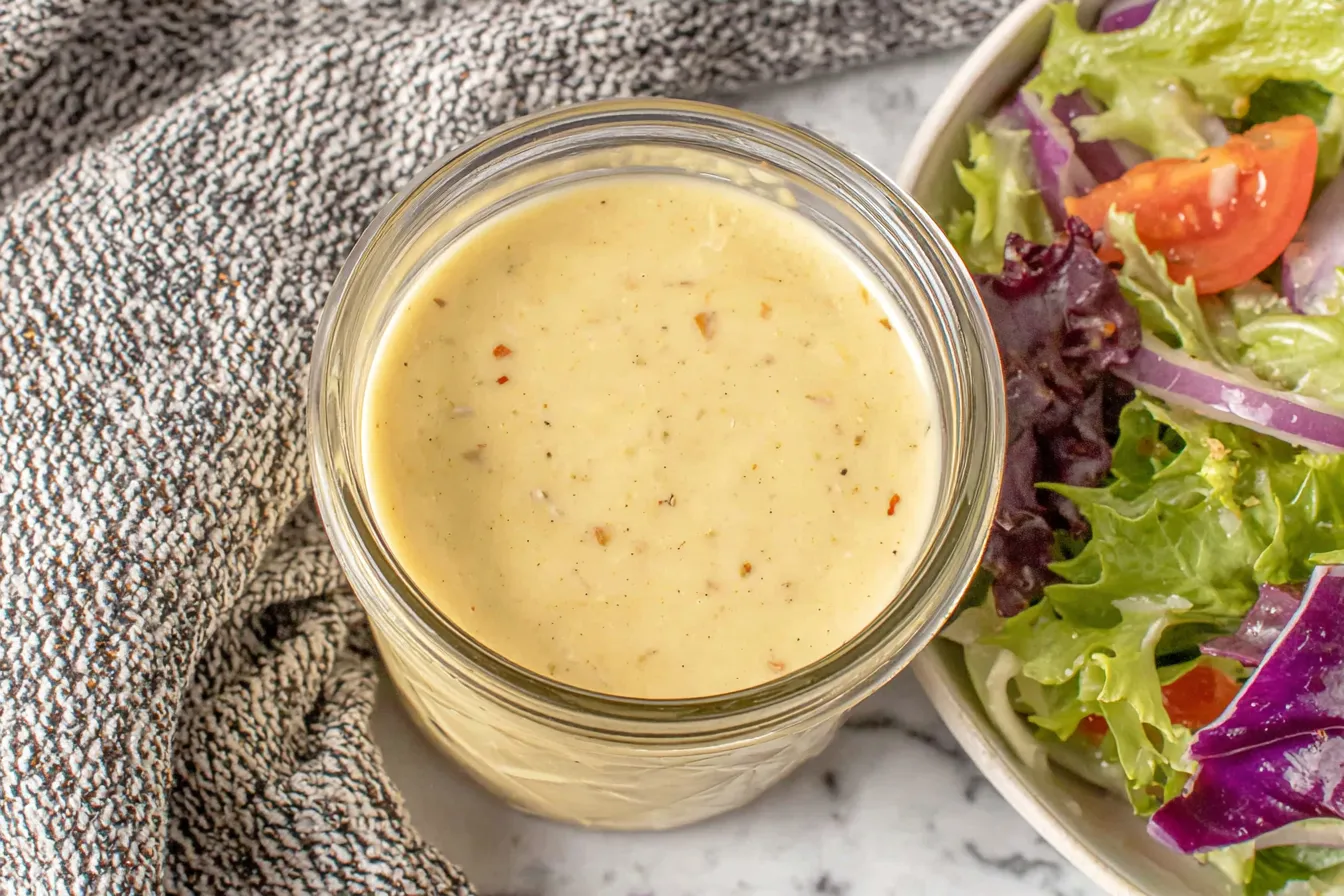 Jar of Everyday Creamy Vinaigrette next to fresh mixed greens salad
