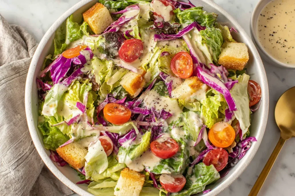 Fresh green salad with cherry tomatoes, red cabbage, croutons, and Everyday Creamy Vinaigrette drizzled on top