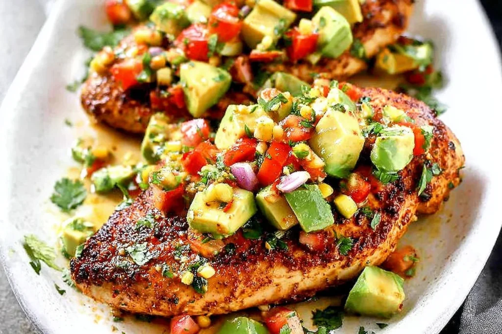 Fiesta Lime Chicken with Avocado topped with chunky avocado salsa, corn, and tomatoes on juicy grilled chicken