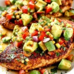 Fiesta Lime Chicken with Avocado topped with chunky avocado salsa, corn, and tomatoes on juicy grilled chicken