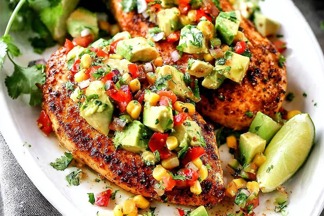 Fiesta Lime Chicken with Avocado topped with fresh corn tomato salsa on grilled chicken breasts