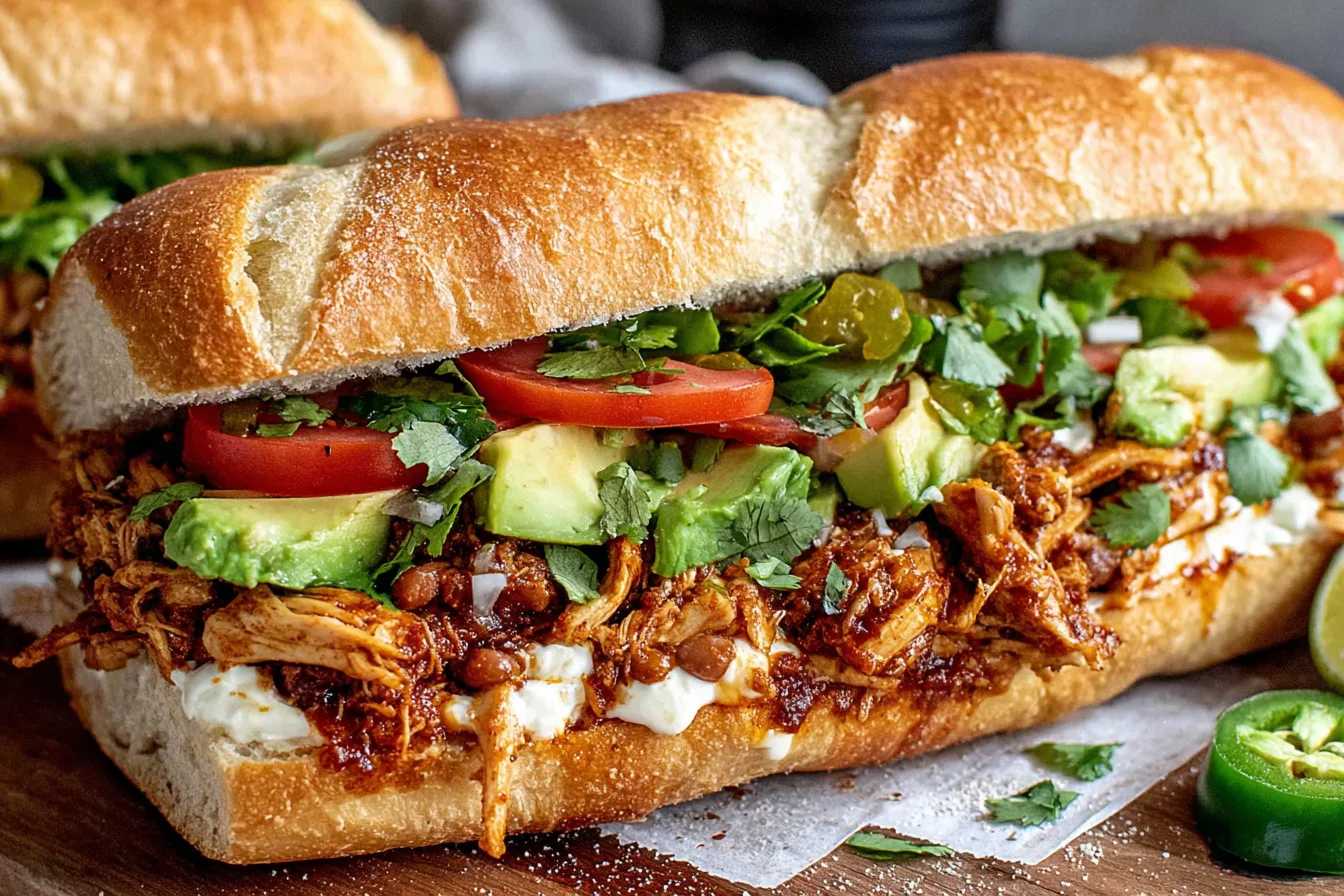 Flavor-Packed Chicken Torta Sandwich with grilled chicken avocado tomato and fresh cilantro