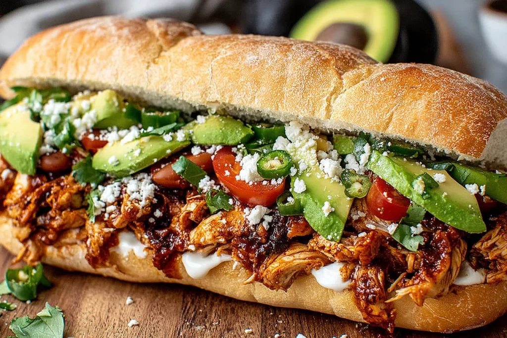 Flavor-Packed Chicken Torta Sandwich with shredded chicken avocado jalapeños and queso fresco