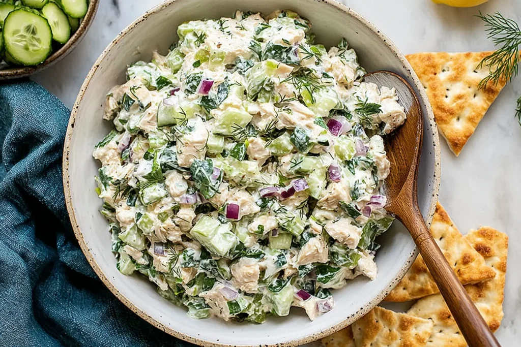 Creamy Tzatziki Chicken Salad with diced cucumber, red onion, fresh dill, and Greek yogurt dressing served in a rustic bowl with pita crackers