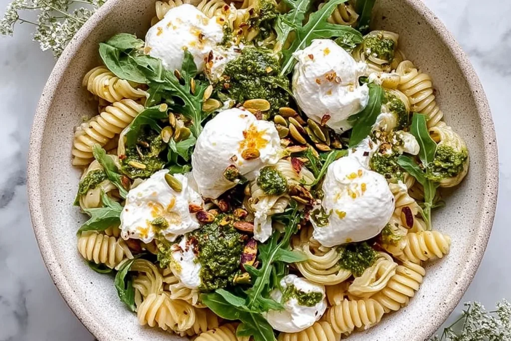 Lemon Burrata Pasta Salad with rotini pasta, fresh arugula, pesto, pistachios, and creamy burrata topped with lemon zest