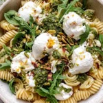 Lemon Burrata Pasta Salad with rotini pasta, fresh arugula, pesto, pistachios, and creamy burrata topped with lemon zest