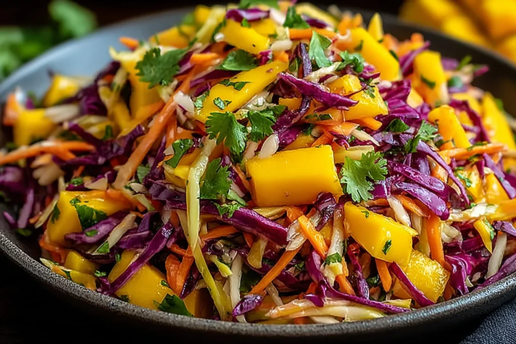 Colorful Mango Slaw with red cabbage, carrots, and fresh cilantro in a bowl