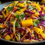 Colorful Mango Slaw with red cabbage, carrots, and fresh cilantro in a bowl