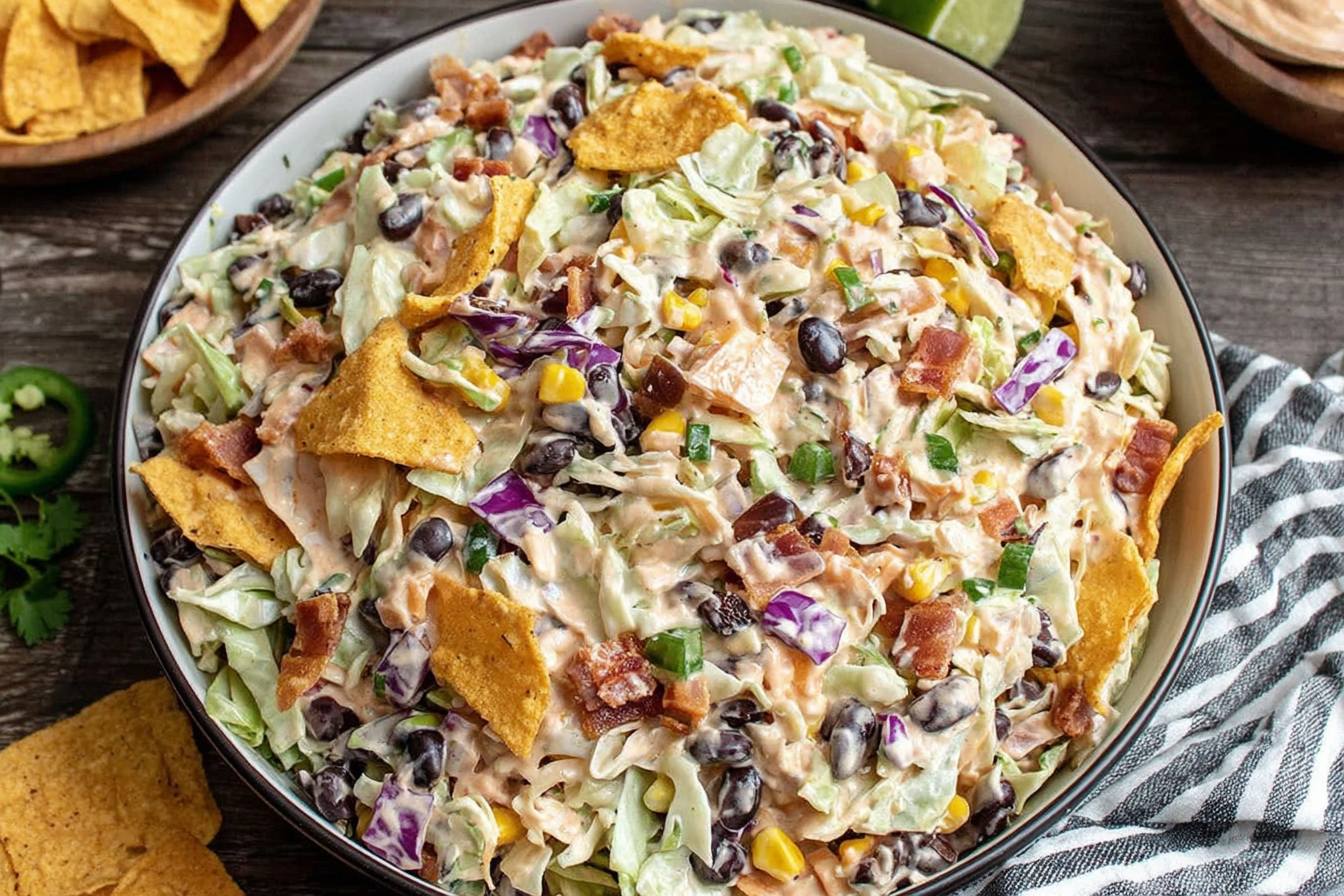 Frito Cowboy Cabbage with bacon black beans and crunchy Fritos in creamy dressing