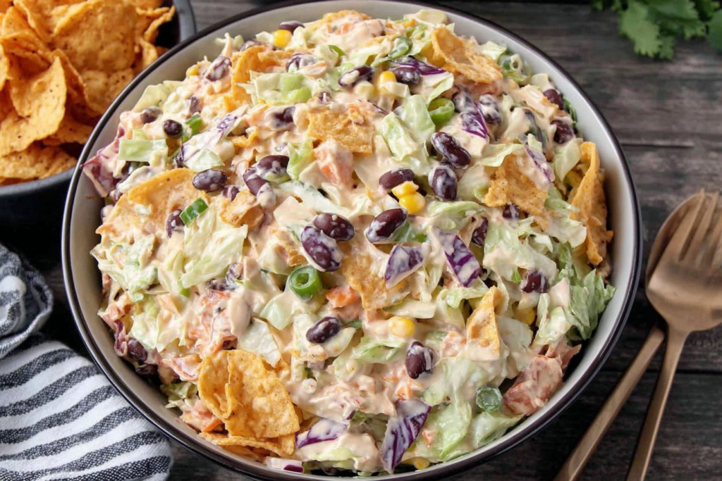 Frito Cowboy Cabbage with black beans corn and creamy chipotle dressing topped with crunchy Fritos