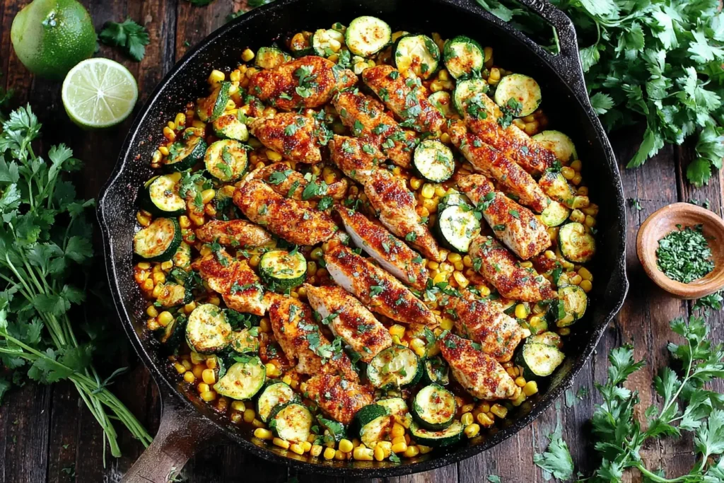 Garlic Butter Chicken with Zucchini and Corn in a rustic skillet topped with cilantro and lime for a quick one pan dinner