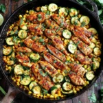 Garlic Butter Chicken with Zucchini and Corn in a rustic skillet topped with cilantro and lime for a quick one pan dinner