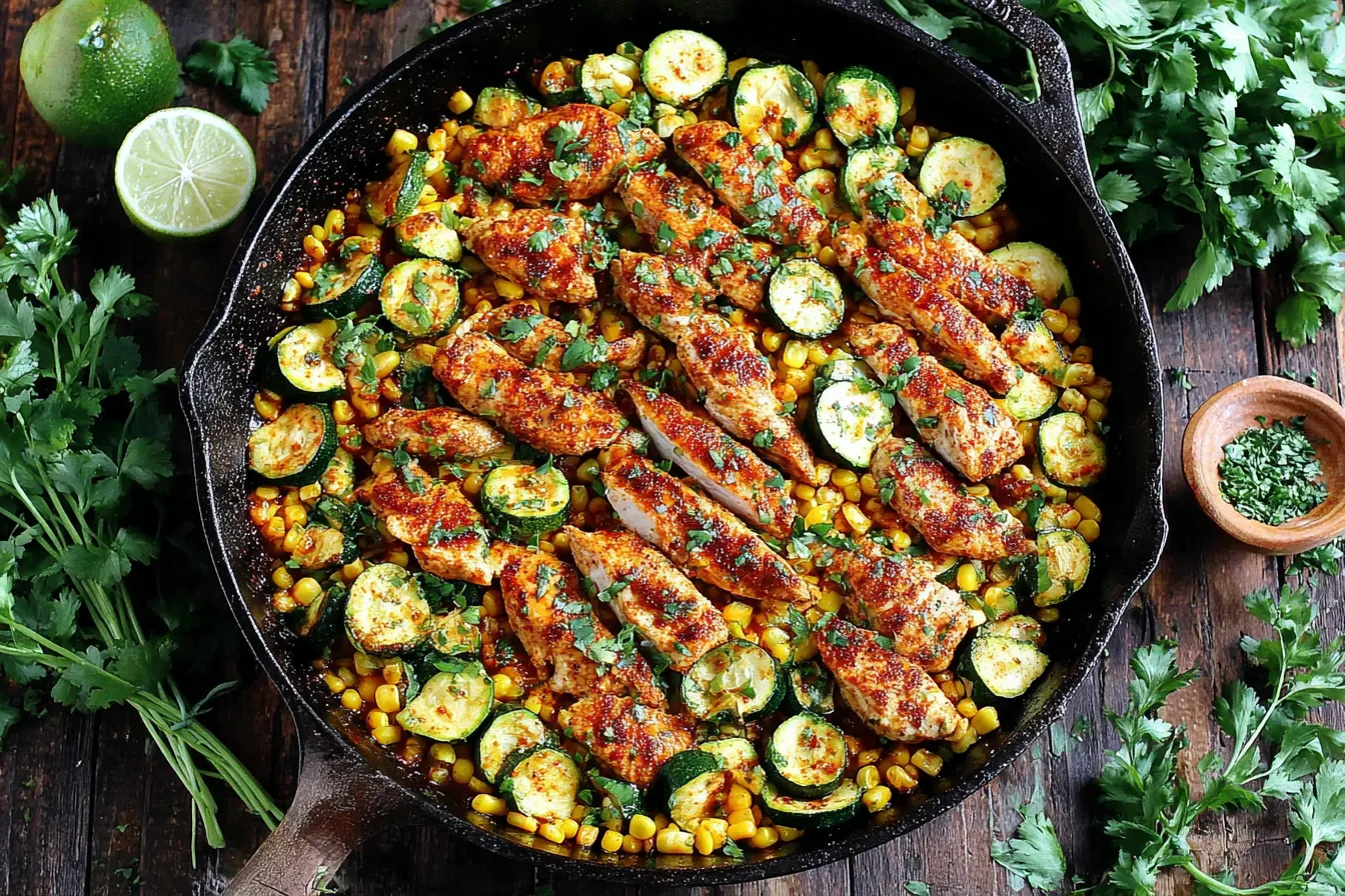 Garlic Butter Chicken with Zucchini and Corn in a rustic skillet topped with cilantro and lime for a quick one pan dinner