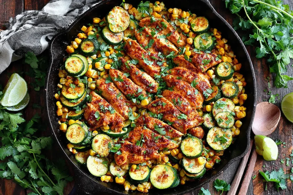 Garlic Butter Chicken with Zucchini and Corn cooked in a cast iron skillet with fresh corn, zucchini slices, garlic butter sauce, and cilantro