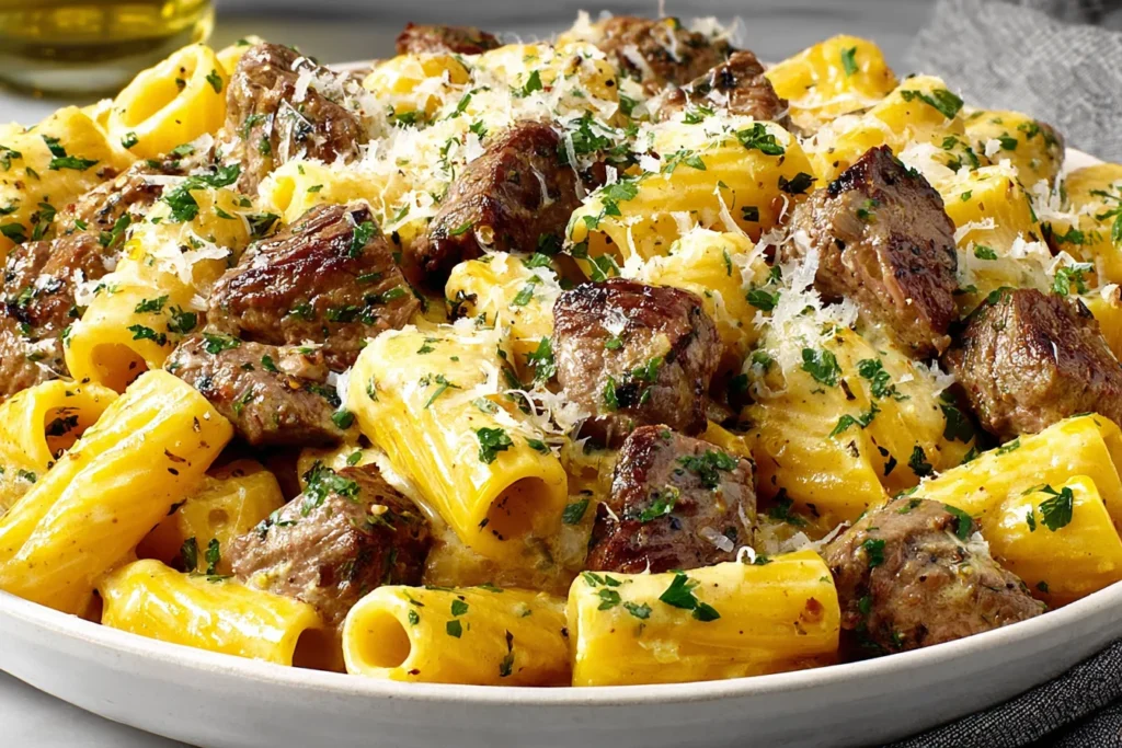 Garlic Butter Steak Rigatoni topped with herbs and parmesan cheese in a creamy sauce