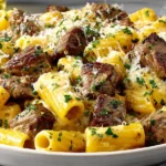 Garlic Butter Steak Rigatoni topped with herbs and parmesan cheese in a creamy sauce