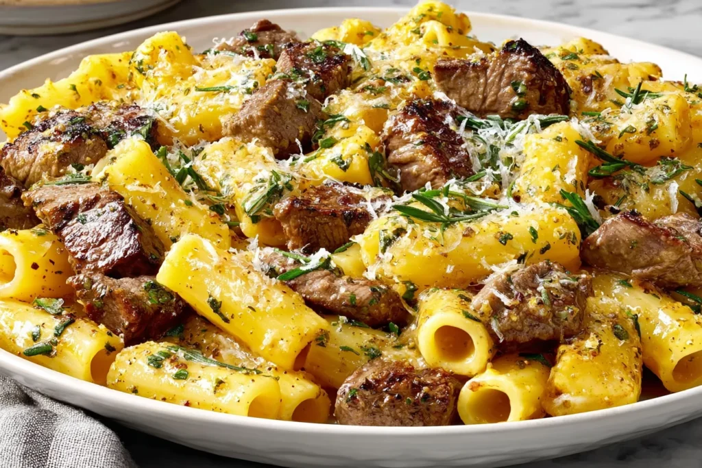 Garlic Butter Steak Rigatoni with creamy parmesan sauce and tender steak bites