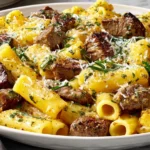 Garlic Butter Steak Rigatoni with creamy parmesan sauce and tender steak bites