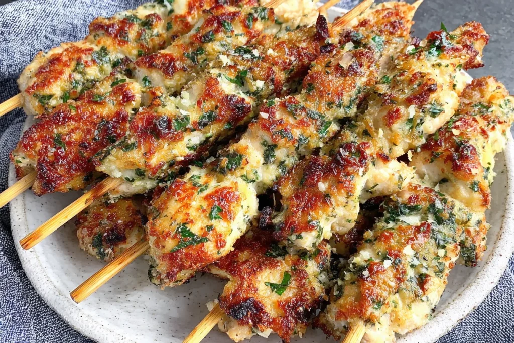 Garlic Parmesan Chicken Skewers served on a plate with crispy edges, garlic butter sauce, parmesan cheese, and parsley
